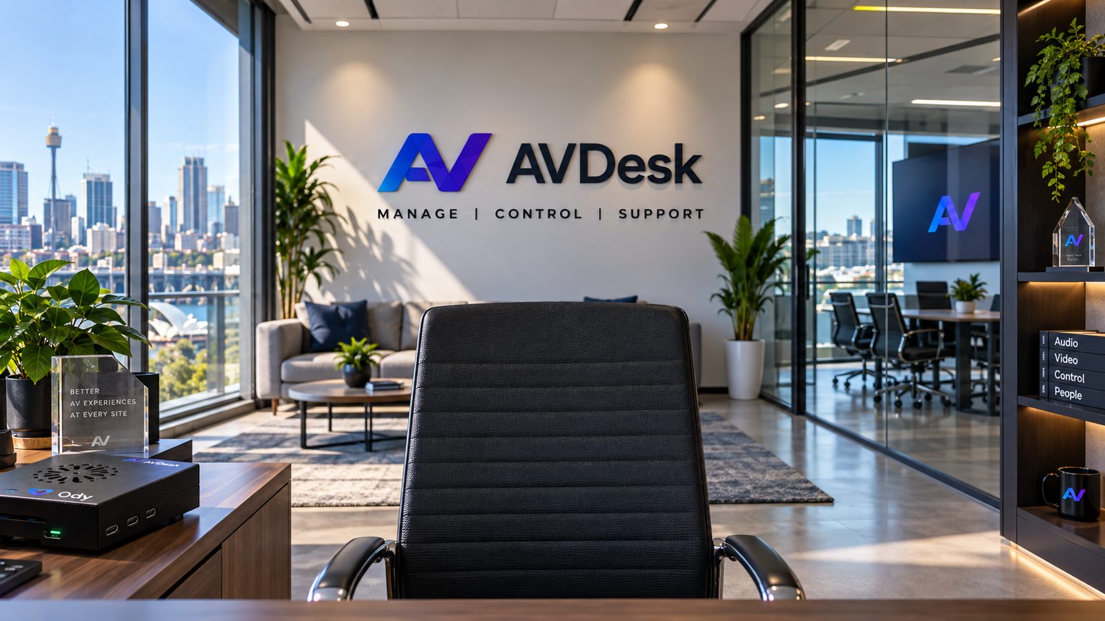 The AVDesk office in Sydney: the AVDesk logo and the words Manage, Control, Support on the reception wall, a harbour view through the windows, a glass-walled meeting room, and an Ody box on the desk in the foreground