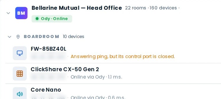 AVDesk device list for an office boardroom: the display still answers on the network but its control port has closed, flagged as a warning, while the wireless conferencing unit and the DSP are online through Ody