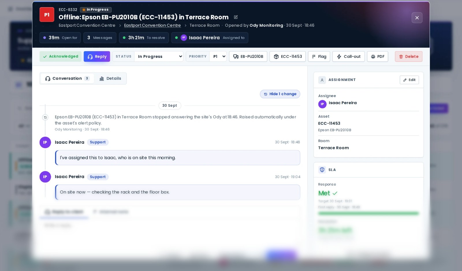 AVDesk ticket raised automatically when a projector stopped answering the site's Ody, with the room, the asset, the assignee and the response and resolution SLA clocks